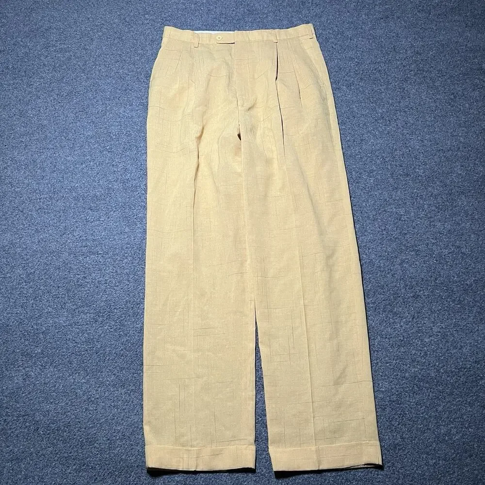 Malta Dress Pants Mens 34 Yellow Gold Pleated Cuffed Grid Wide Leg Retro Slacks